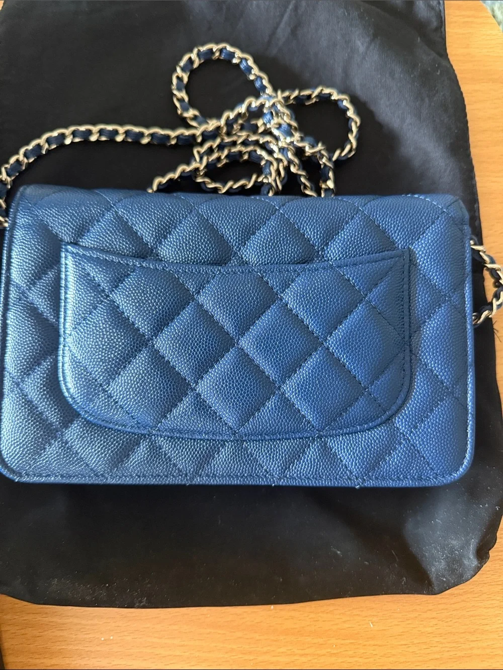 Incredible CHANEL Blue Quilted Caviar Leather Wallet-on-Chain with Gold Hardware
